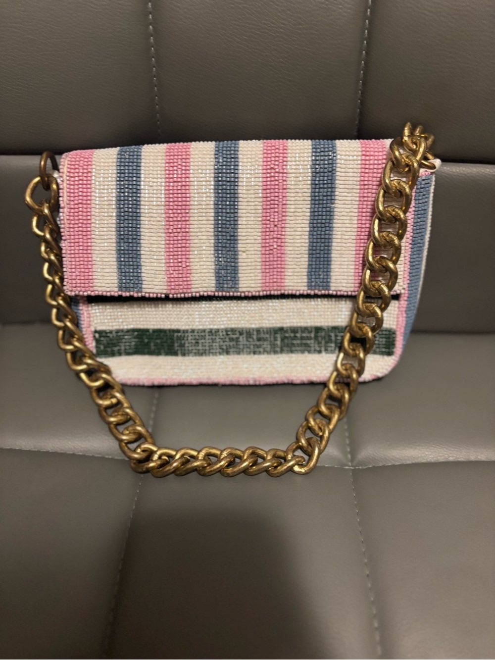 Striped Pink & Blue Chain-Handle Women's Beaded Viral Bag - Picture 2 of 3
